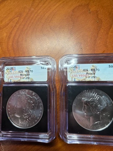2025 ICG MS70 SILVER Dollar MORGAN and PEACE LOT OF TWO  .999