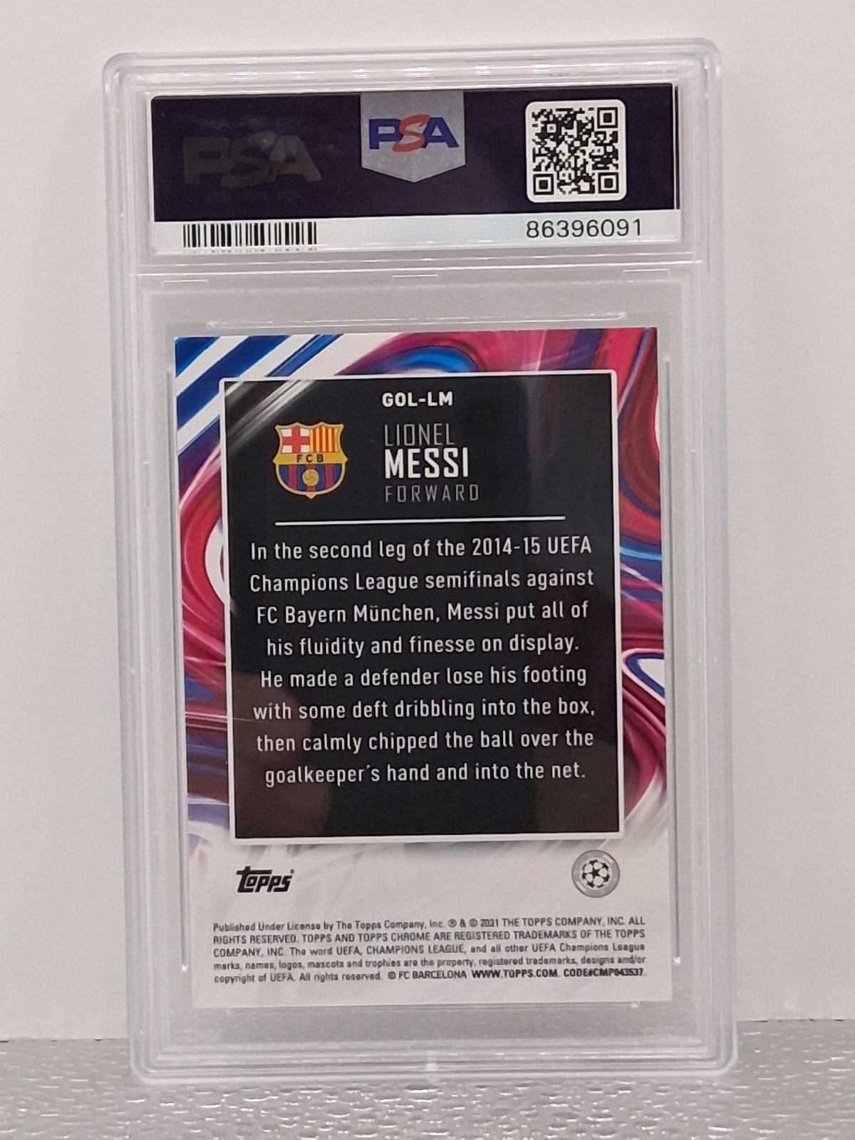 2020-21 Topps Chrome UCL #GOL-LM Lionel Messi Golazo PSA 10 view 2