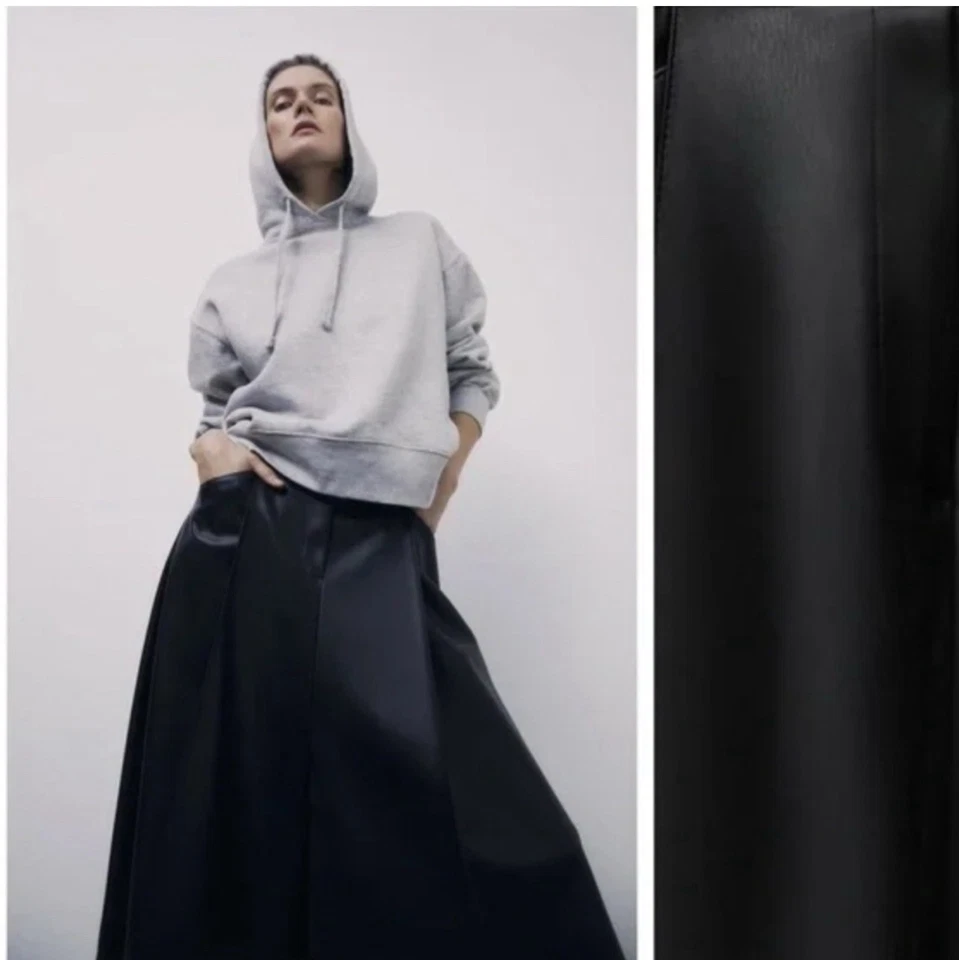 Zara black faux leather A-line midi skirt Fall Winter Women XL - Image 3 of 4