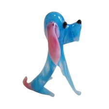  Hand Blown Murano Style Glass 3"  Sitting Blue Dog w Pink Ears & Big Snout Vtg