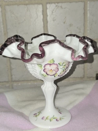 Fenton Glass Amethyst Crest Compote Handpainted & Signed by Artist GLOWS