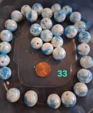 Lot Of 33 Glass Lampwork Sky Blue And White Round Beads For Jewelry Making