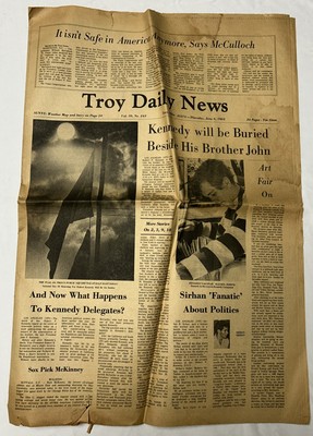 1968 RFK Kennedy Shot Buried Beside John Johnson Sirhan Newspaper Troy Ohio