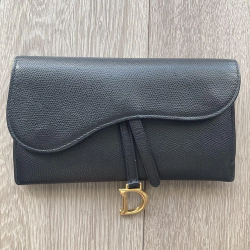 Authentique portefeuille long Christian Dior cuir noir marque logo D femme décontracté