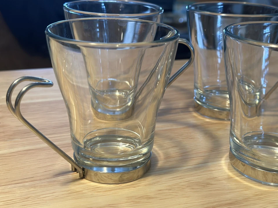 4 tazas de vidrio de café Bormioli Rocco Ypsilon Cappuccino mango de acero inoxidable 8 oz Foto 2 de 4