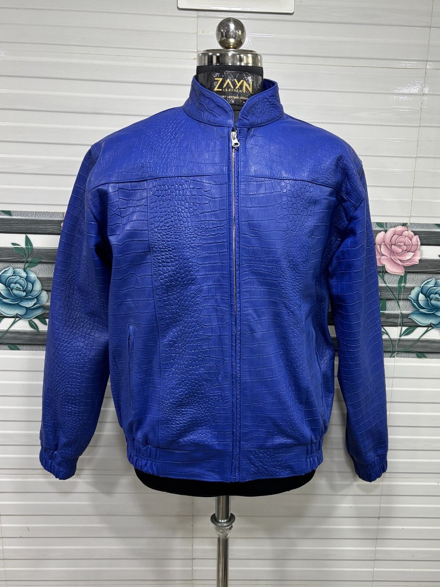 Men's Blue Real Leather Croc Embossed Jacket Bomber Biker Luxury