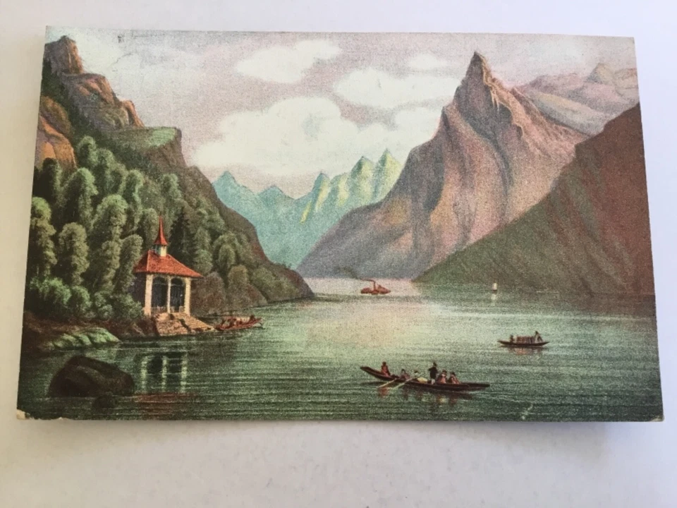 CPA fantaisie - Barques sur le lac entre montagnes - Photo 1/2