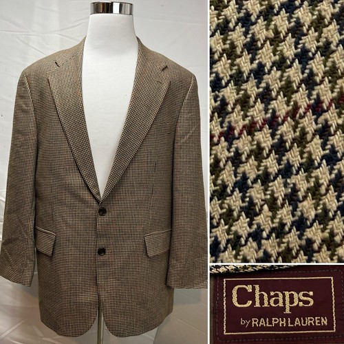 Chaps Ralph Lauren Men 44R Tan Houndstooth Silk/Wool Plaid Vintage Blazer Jacket - Picture 2 of 9