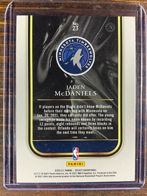 Jaden McDaniels Basketball Rookie Card #23 Panini Select