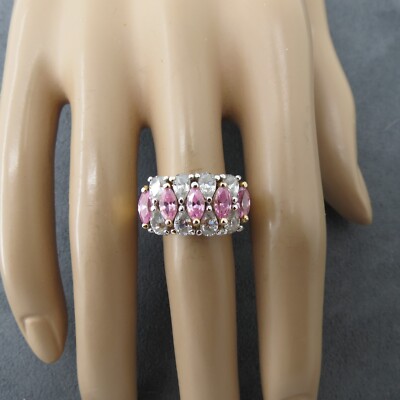 VTG EDCO Sterling Silver Vermeil Ring 11mm Pink Marquis Stone Size 8 Designer