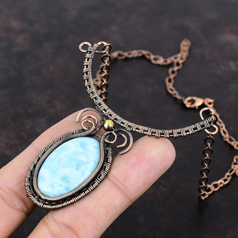 Regalo Para Ella Collar Envuelto Alambre Larimar Ajustable Cobre Joyería 18.0" Foto 2 de 4