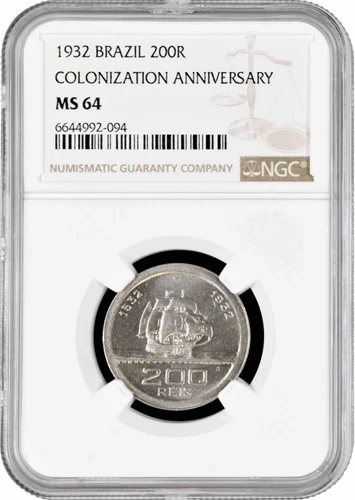 Brazil 200 reis 1932, NGC MS64, "400th Anniversary - Colonization of Brazil"