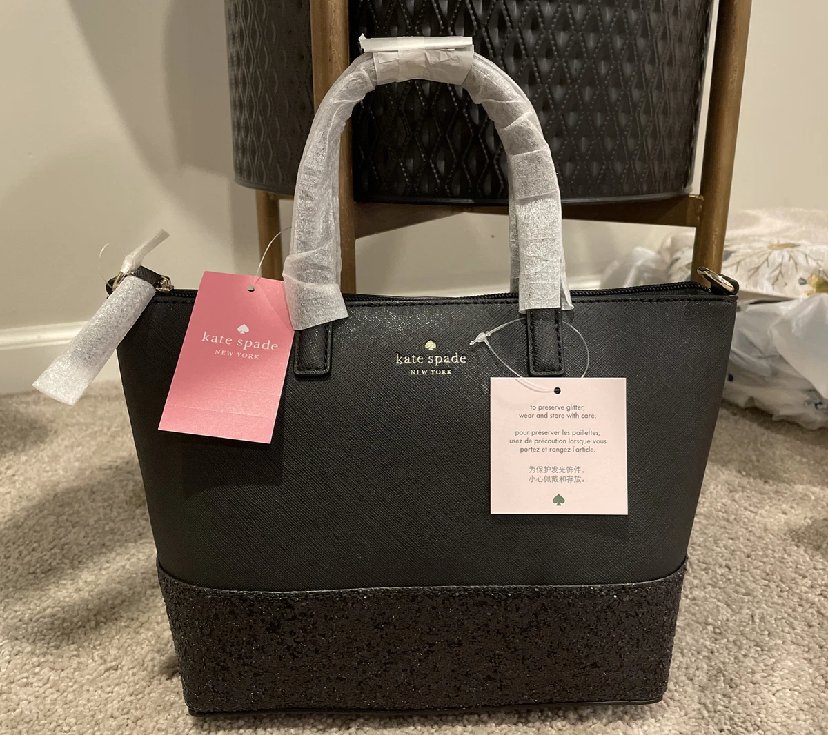 Kate Spade Greta court Ina Glitter Crossbody Bag Black Satchel Small NWT