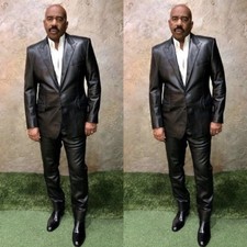 Black Leather Men's Suits Fashion Peak Lapel Tuxedos Wedding Prom Party Blazer