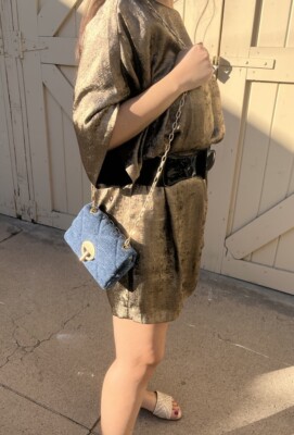 VANESSA BRUNO BLUE DENIM QUILTED MOON BAG WITH GOLD HARDWARE