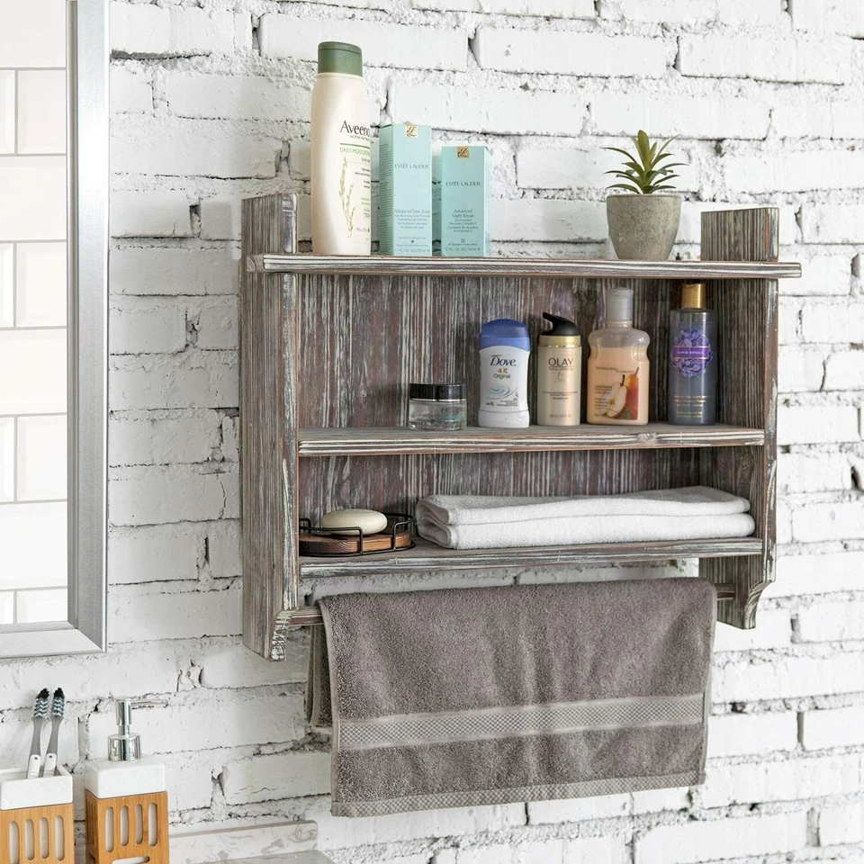 Настенный деревянный органайзер для ванной с 3 полками и подвесным полотенцем - Изображение 3 из 4