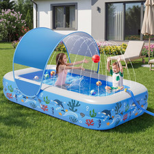 Kiddie Pool with Sprinkler, Inflatable Baby Pool with Canopy and Soft Cushioned