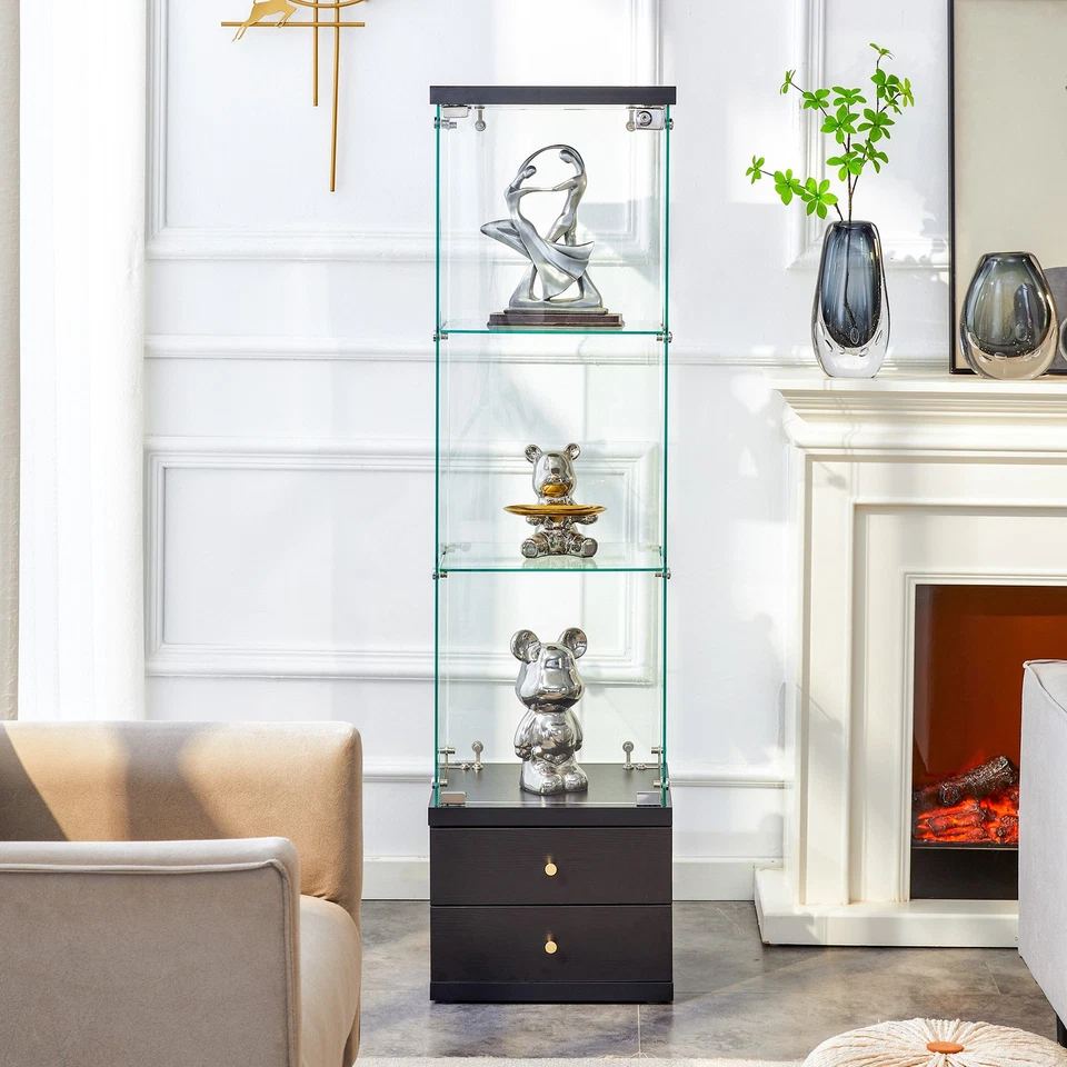 Tempered Glass Display Cabinet w/Soft-Close Drawer and Adjustable Storage Shelve - Image 3 of 4