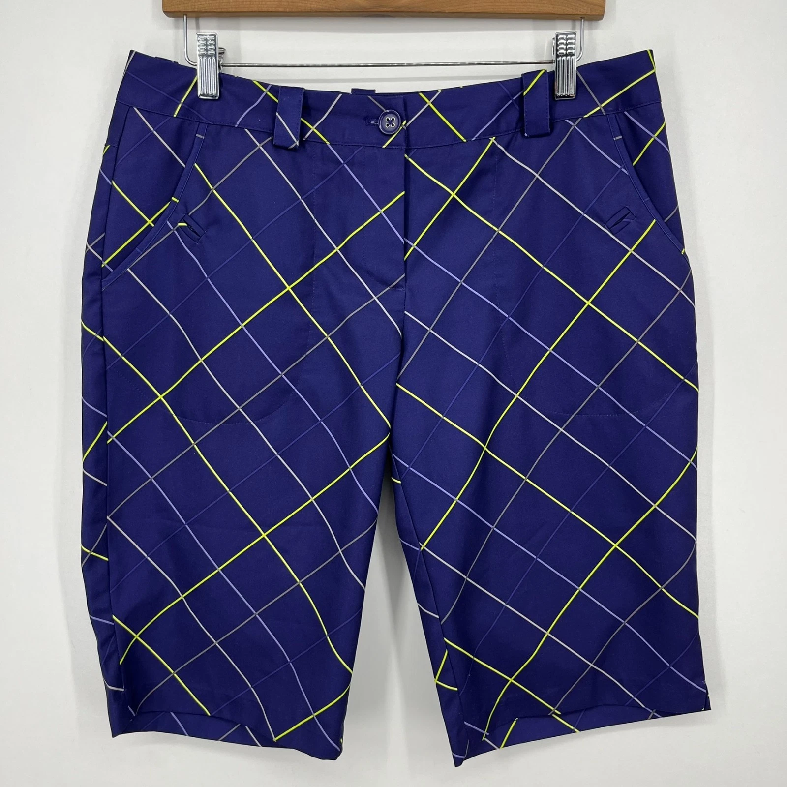 Bermuda Nike Golf Shorts Donna Taglia M Viola Stampa Plaid Dri Fit 13" Cucitura Interna