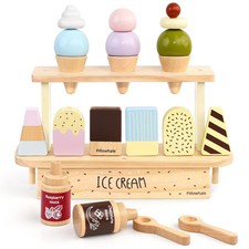 Wooden Ice Cream Play Set for Kids 24 PCS Pretend Ice Cream Toy Counter wit...