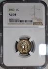 NGC AU-58 1863 Indian Head Cent, Highly Lustrous, Lightly Toned, PQ specimen.