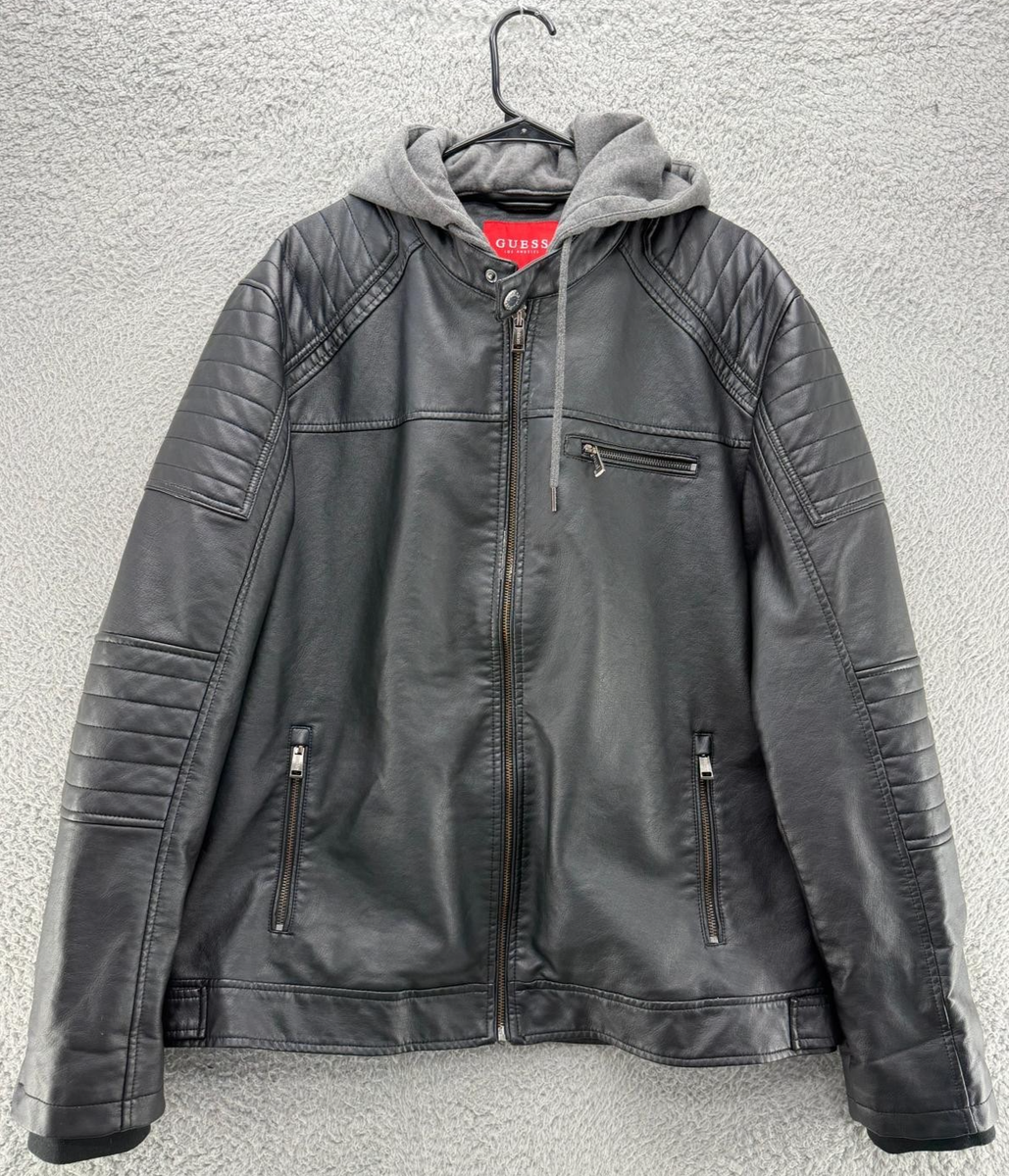 GUESS Los Angeles Faux Leather Moto Jacket XXL Black Hooded Zip Up