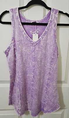 NWT Women's Zenana Raw Edge Cotton Top Size M Purple/White Tie Dye Short Sleeve