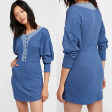 Free People Womens Henley Dress Sz M Blue Large Front Pockets Long Sleeve Boho
