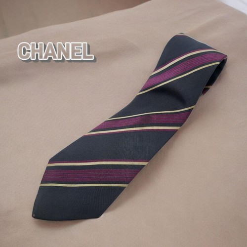 CHANEL tie all-over pattern striped black silk