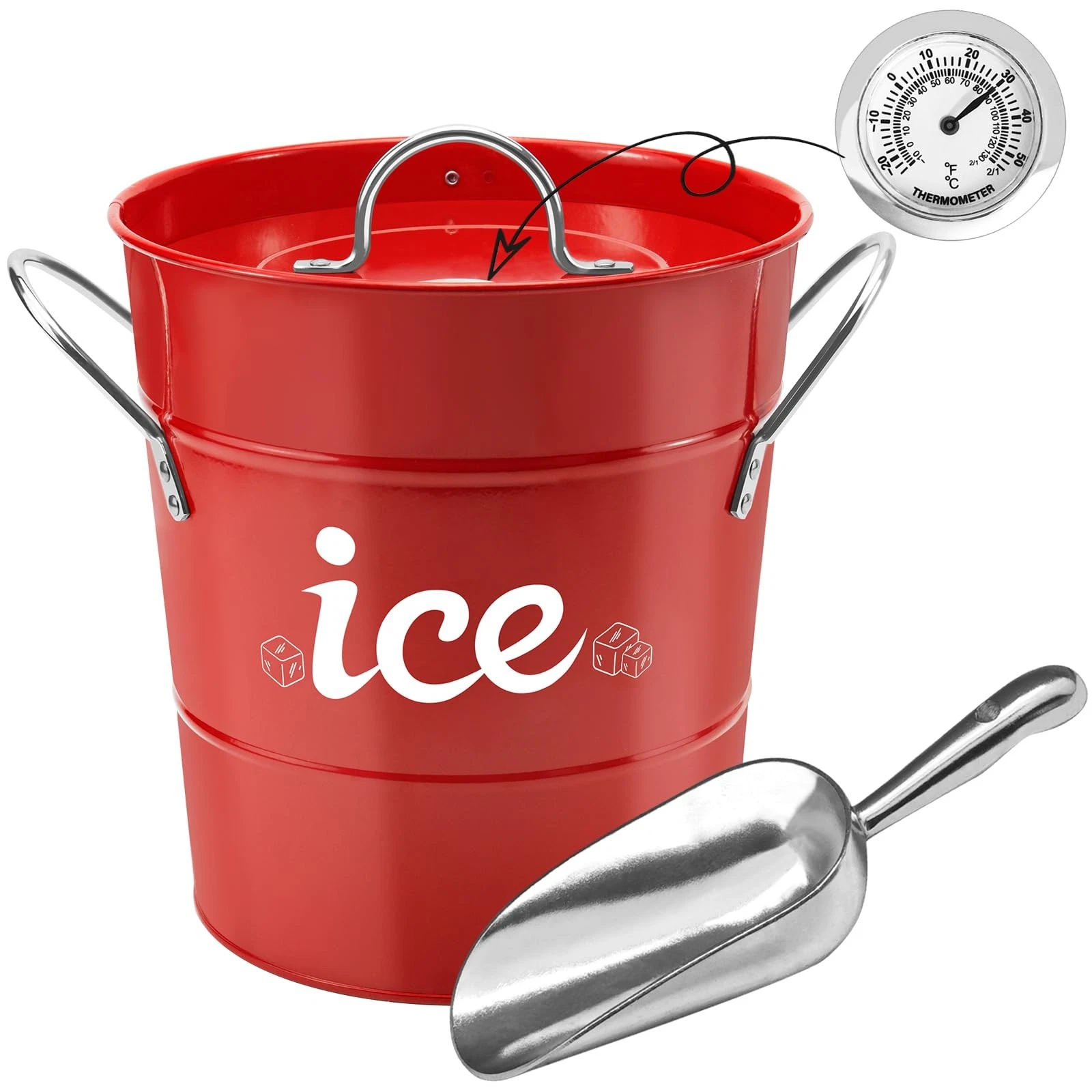 Double Wall Ice Bucket with Thermometer, Metal Wine Chiller Bucket with Lid &...