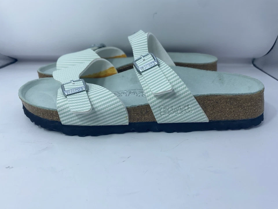 Birki's Birkenstock Aziza 白色薄荷绿色条纹凉鞋女式 7 N (38) — 第 2/4 张图片