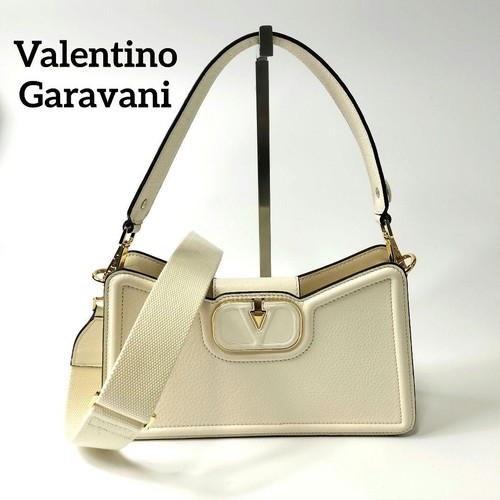 Valentino Garavani V Logo Shoulder Bag Ivory Leather Used From Japan
