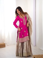 Ethnic Look Chinon Silk Pink Top Palazzo With Dupatta For Functional Wear