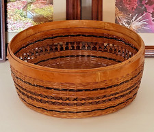 Vtg Basket Bamboo Wicker 10" Large Handwoven Collector Round Black Brown 70s USA