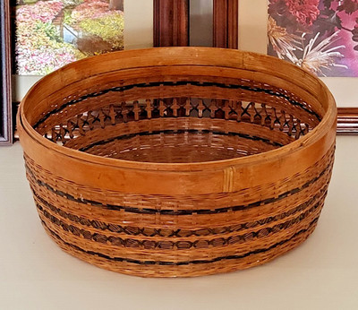 Vtg Basket Bamboo Wicker 10'' Large Handwoven Brown Black Round Collector 70s USA
