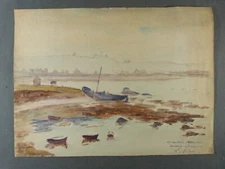 L. VIARD Watercolor Beach landscape in Normandy ca.1930