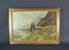 Ölgemälde  Leo v. Rüdt  - Münchner Maler  - Gebirgssee mit Hütte Achensee ( 2 )