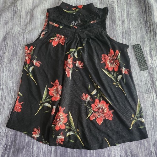 Massini Black Mock Neck Tank Lace Keyhole Red Floral Sleeveless NWT Size Medium