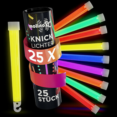 25x Power MEGA Knicklichter, 150x15 mm FETT und HELL Leuchtstäbe, 6 Farben Öse