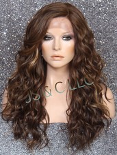 Human Hair Blend Long HEAT OK Full Lace Front Wig Brown mix wavy WEYC 8/27/613