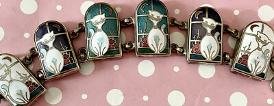 Sterling Silver Handmade Retro Atomic Style Cat Enamel Oversized Panel Bracelet