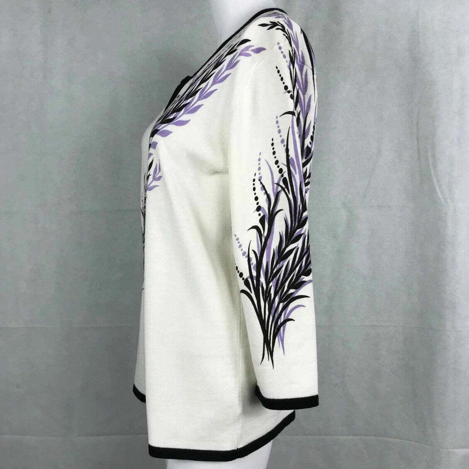 Bob Mackie Cardigan Women Sz S Cotton Blend White Purple Floral Full Zip Sweater - Image 3 of 4