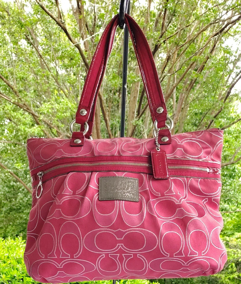 Coach XL 15389 Poppy Ruby Pink Signature C Canvas Tote With Leather Trim