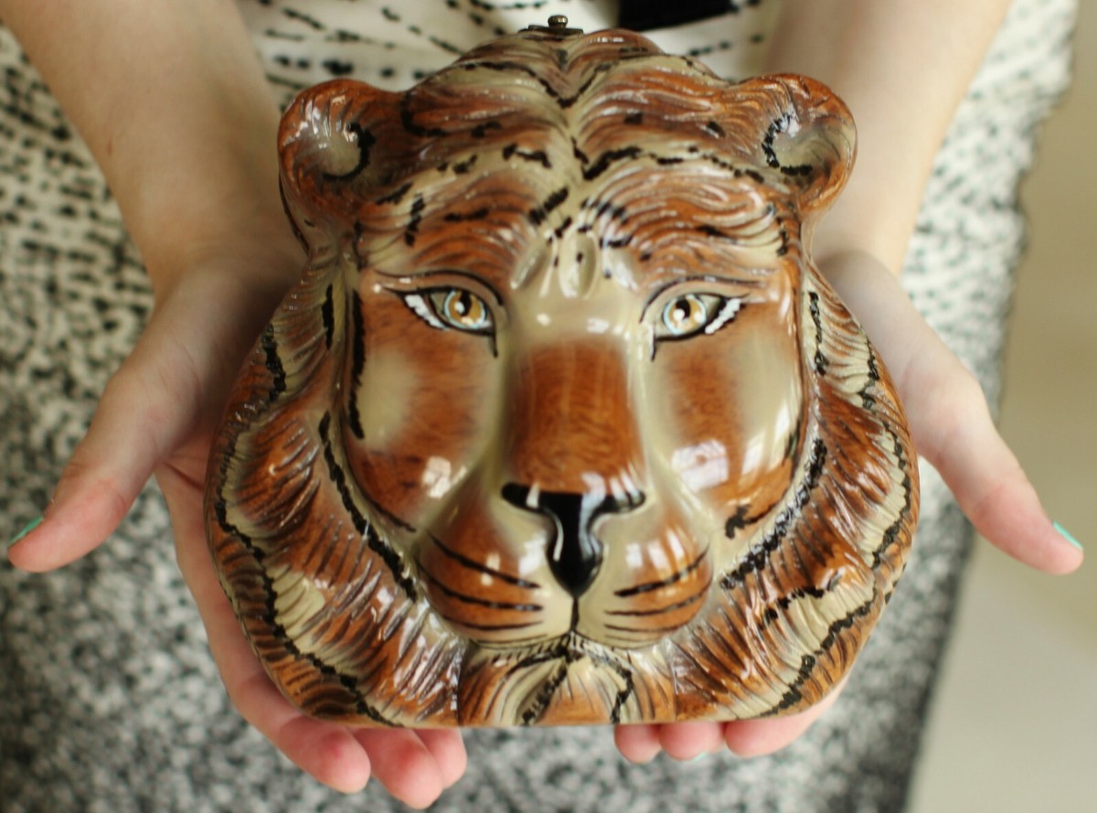 TIMMY WOODS AFRICAN TIGER KING HAND CARVED BAG CLUTCH MINAUDIERE