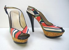 NINE WEST SHOES PEEP TOE SIZE 8.5 M 6" High CORK Heels SLINGBACK FABRIC 