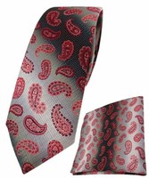 Schmale Tigertie Krawatte + Einstecktuch Weinrot Grausilber Paisley Gemustert