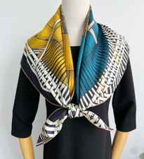 100 Silk 14 Momme Twill Scarf Women Square Bandana Wrap blue and yellow horse