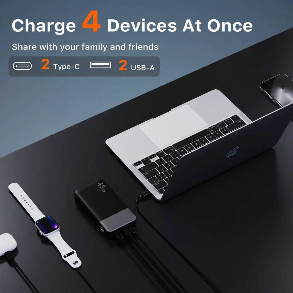 Power Bank 20000mAh 45W Fast Charging Battery Backup Charger USB-C For travels