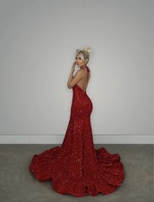 Red Sequin Backless Halter Sleeveless Long Gown Women's Formal Dress w/Side Slit