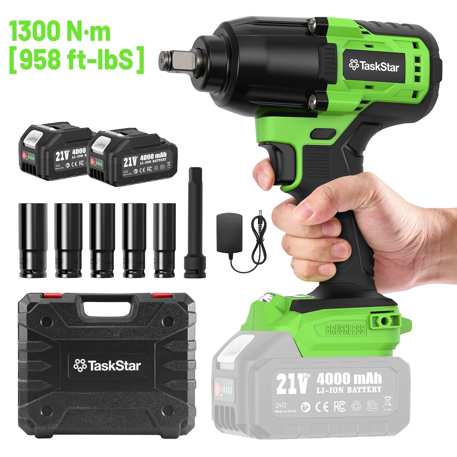 TaskStar 1300N.m Cordless Electric Impact Wrench 1/2 Inch High Torque Brushless